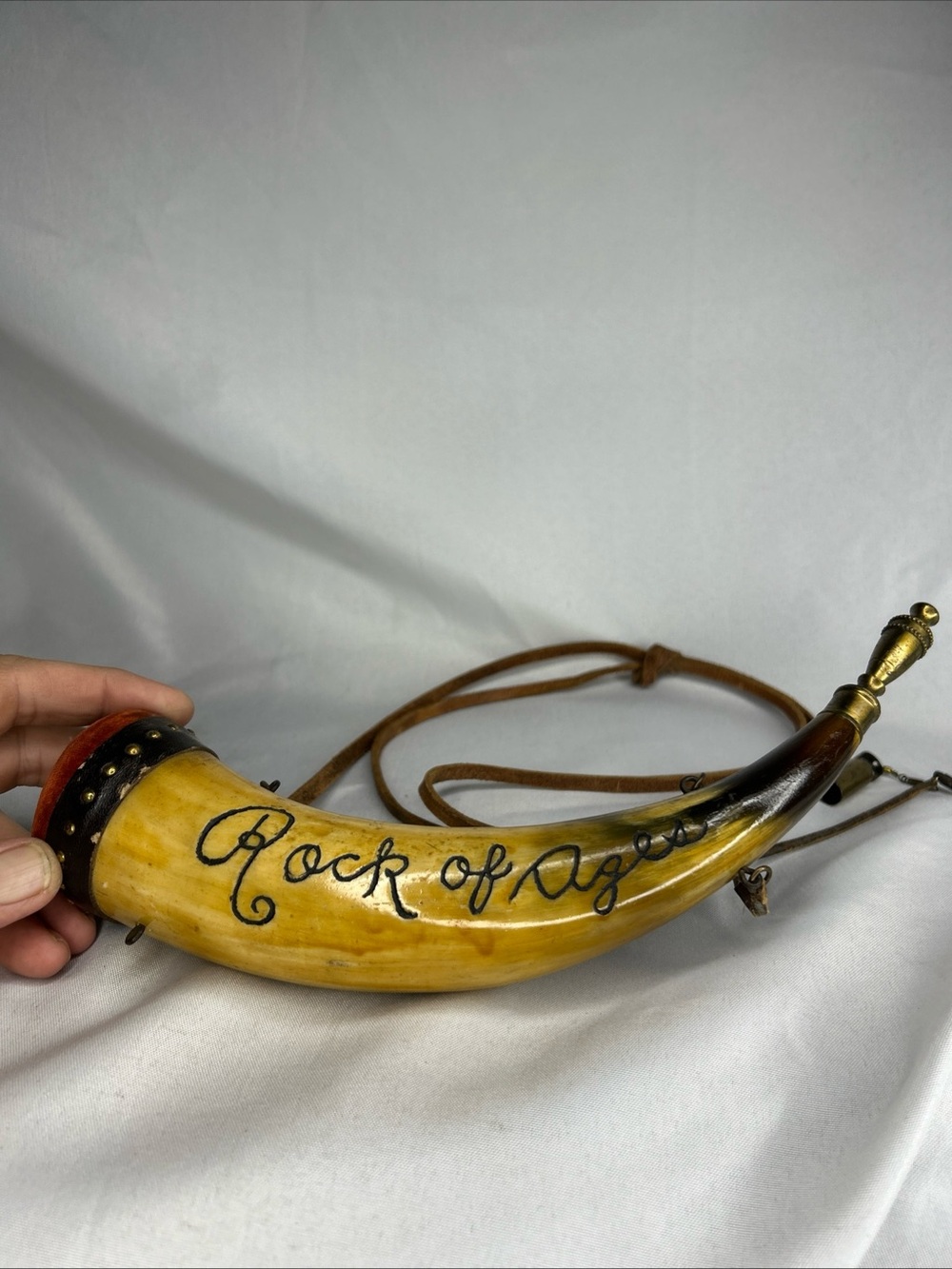 Yellow and Brown Powder Horn Decorative Accent with Leather Strap
